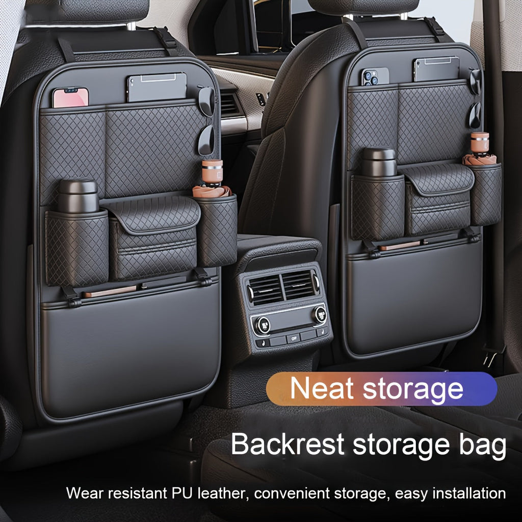 Car Seat Back Organizer PU Leather Large Capacity Multi-Pocket Backseat Storage Bag for Water Bottles Tablets Laptops – Classic Black Stylish Auto Interior Organizer for Cars SUVs Trucks