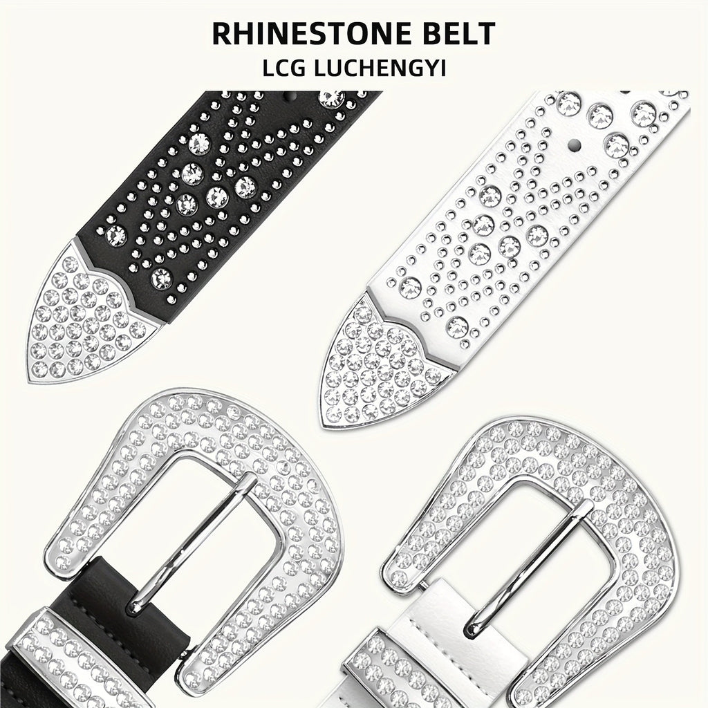 Studded Rhinestone Belt for Men & Women – Y2K Western Cowboy Cowgirl Bling Faux Leather Belt Gold Metal Buckle Punk Style 4 Colors Sizes 28 32 36 40 44 Festival Party Streetwear