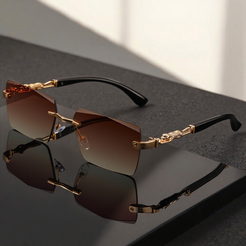 Unisex Rimless Leopard Sunglasses - UV400 Narrow Rectangular Frameless Shades in Black & Gold, Premium Fashion Eyewear for Men & Women, Includes Case & Cloth, Great for Parties Travel & Festivals
