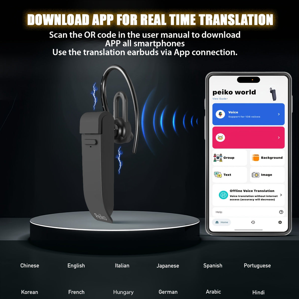 PEIKO PK-10 AI Language Translator Earphone – Real-Time Voice Translation in 136 Languages Online & 11 Languages Offline, Single Earbud with Music & Call Support, Travel Translator Device