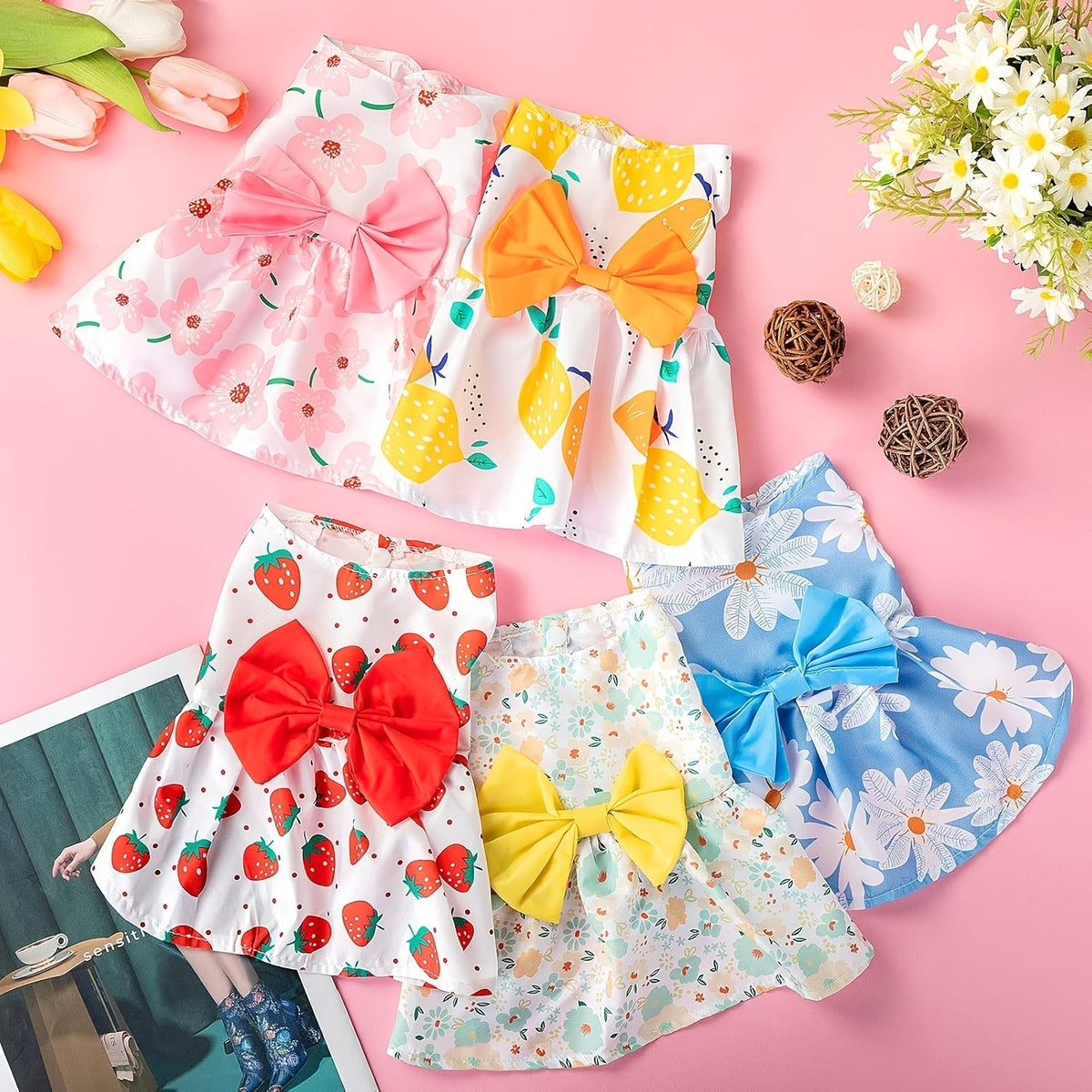 5-Pack Floral Princess Bow Dog Dresses for Small Dogs Soft Polyester Knit Pet Costume for Yorkies Chihuahuas Maltese Pomeranians Cats All Seasons 5 Cute Styles Gift