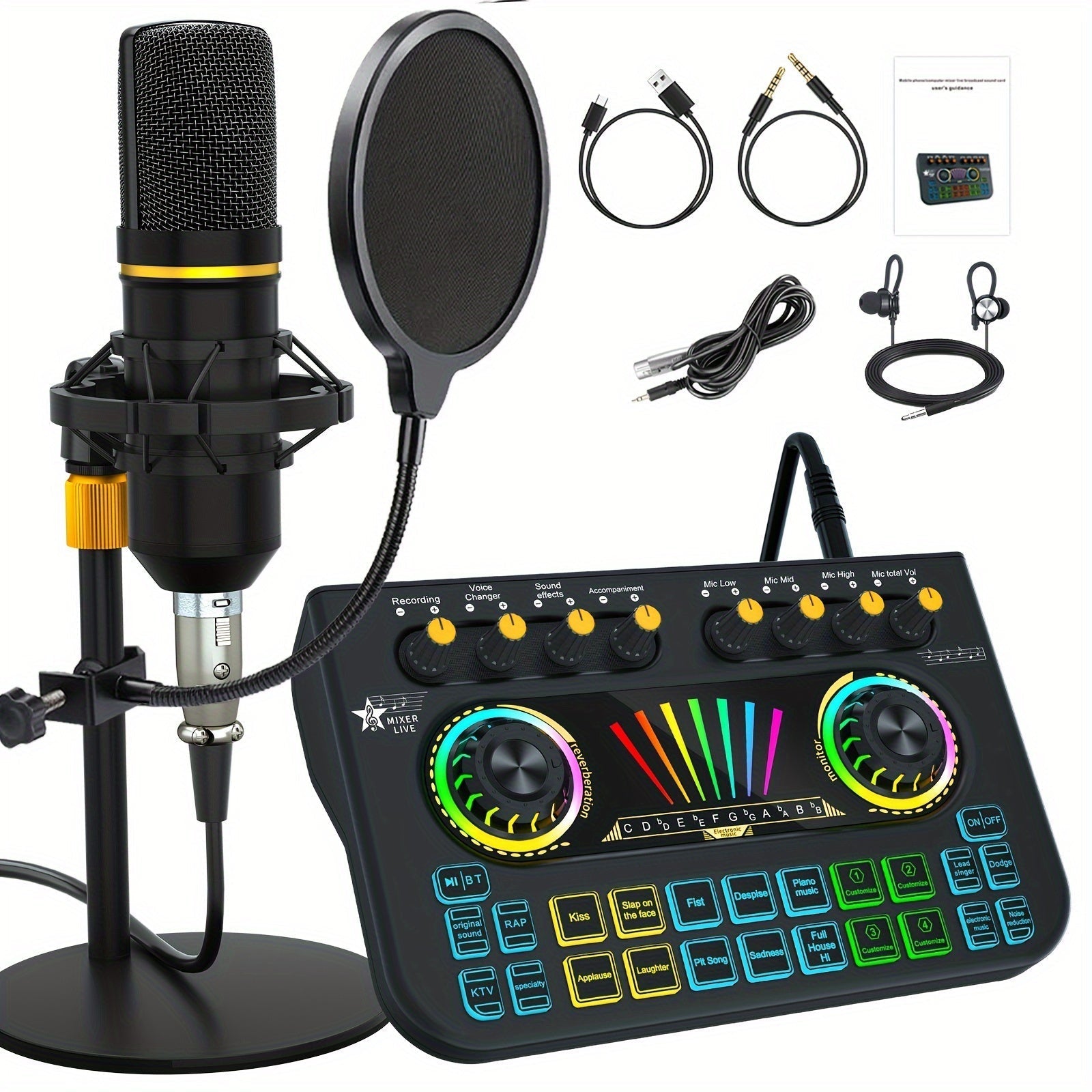Microphone Mixer Bundle Kit for Podcast Recording Studio – Audio Mixer with Mic Stand, Sound Card, Streaming & Karaoke Setup for PC Phone Gaming
