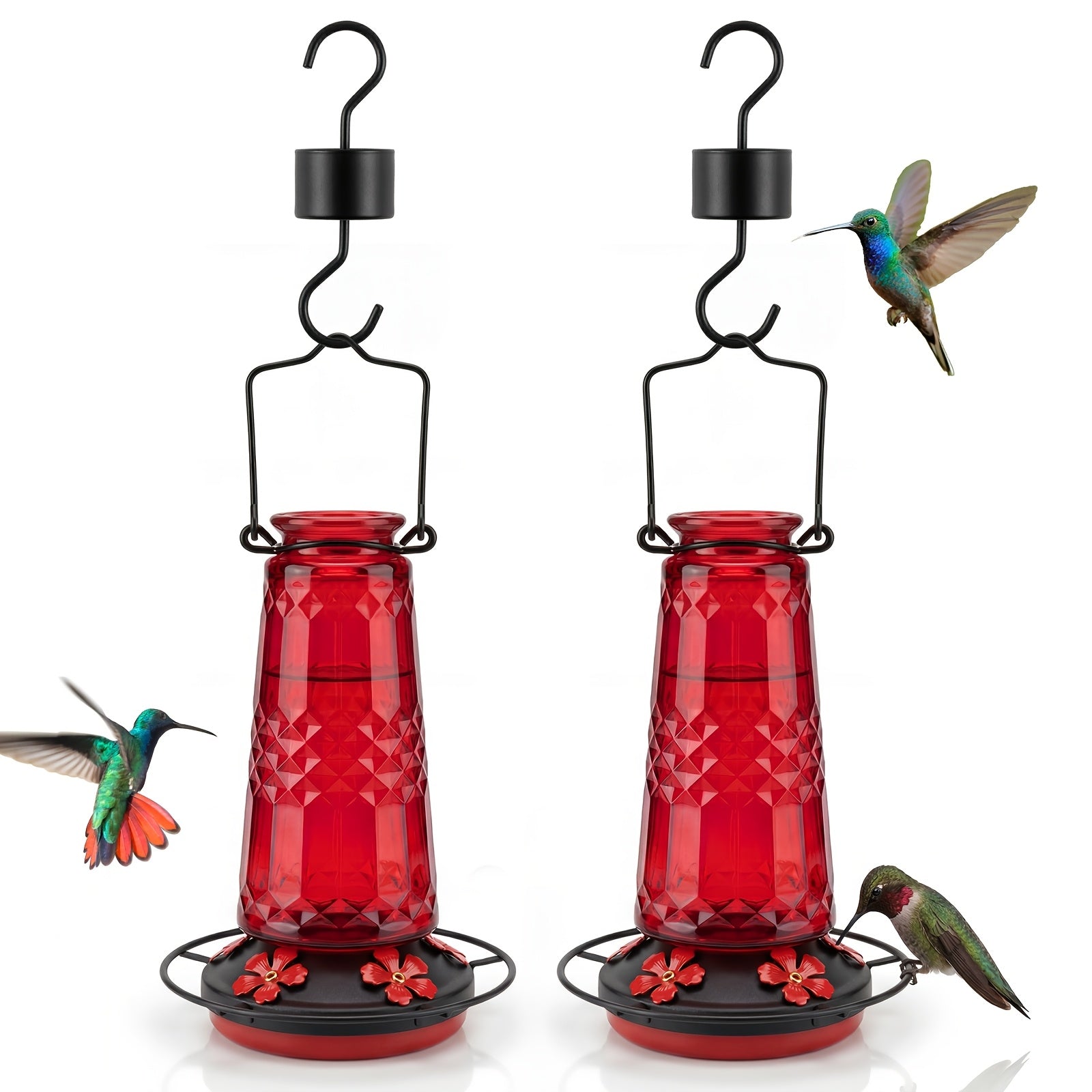 Glass Hummingbird Feeder for Outdoors Hanging – 24 Oz Nectar Feeder with 6 Feeding Ports, Ant Moat & Leak-Proof Design, 1 or 2 Pack, Red, Blue & Purple, Garden Patio Gift for Bird Lovers