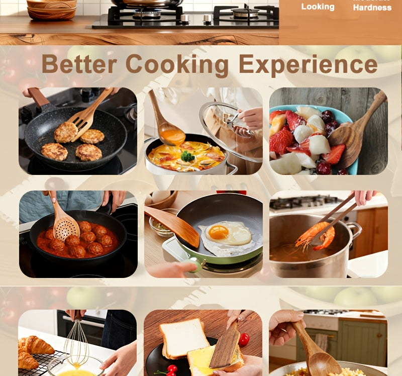 10-Piece Natural Teak Wooden Kitchen Utensils Set - Cooking Spoons, Spatulas & Shovel, Non-Stick Safe, Heat Resistant, Eco-Friendly Wood Cookware Tools for Home Kitchen