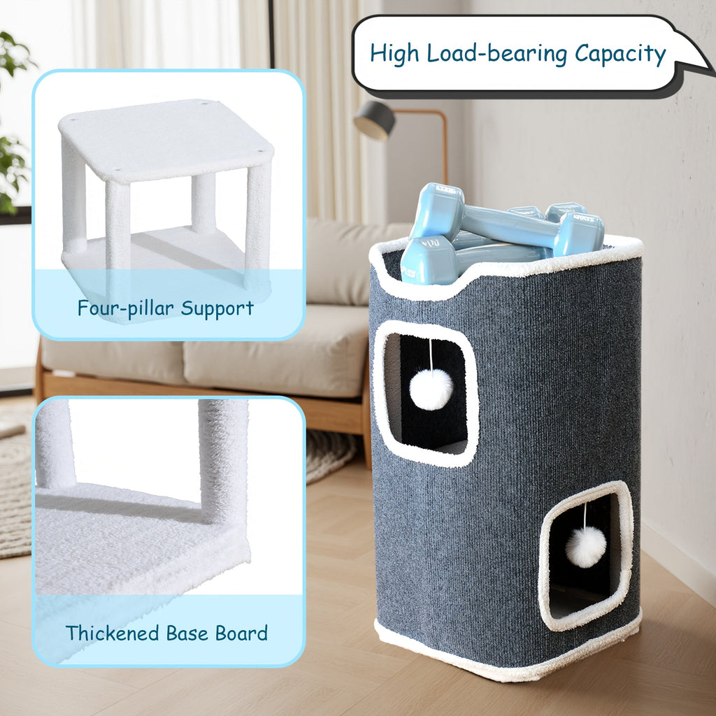 Multi-Level Foldable Cat Tree Tower for Indoor Cats Scratching Post Cozy Perch Cat Condo with Hanging Toy Ball & Hideaway – Soft Bed, 1/3/4 Tier Options, Light Gray Dark Blue Camel