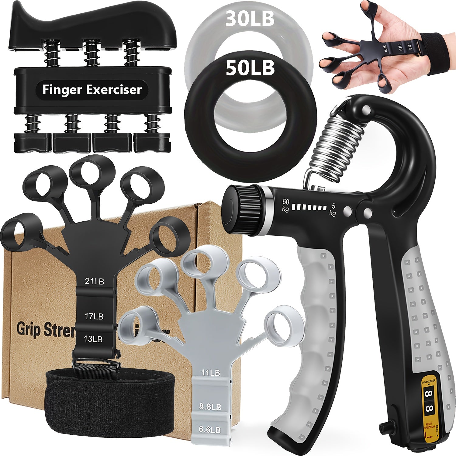 6-Piece Grip Strength Trainer Set Adjustable Hand Gripper 10-130lbs Auto Rep Counter – Finger Exerciser Dual Forearm Workout Rings Finger Stretcher Hand Strengthener Men Women