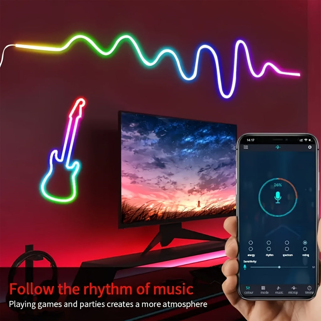 RGB LED Neon Rope Light IP65 Waterproof App & Remote Control Music Sync – Color-Changing Flexible Silicone Strip 3.2ft 9.8ft 16.4ft for Gaming Bedroom & Outdoor Decor