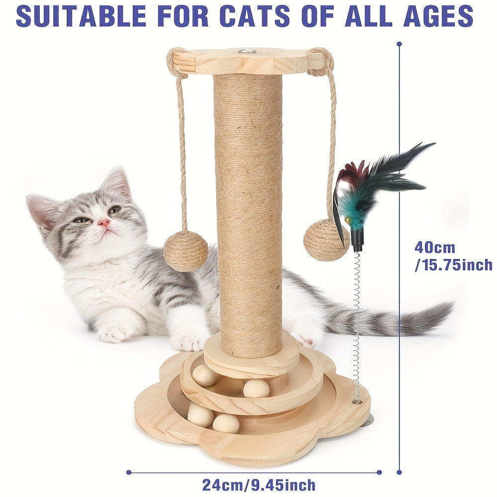 Wooden Cat Scratching Post 5-in-1 Solid Pine Base Tall Sisal Post 2-Level Track Ball Feather Toy Hanging Balls No-Debris Indoor Cat Activity Center Kittens Adults