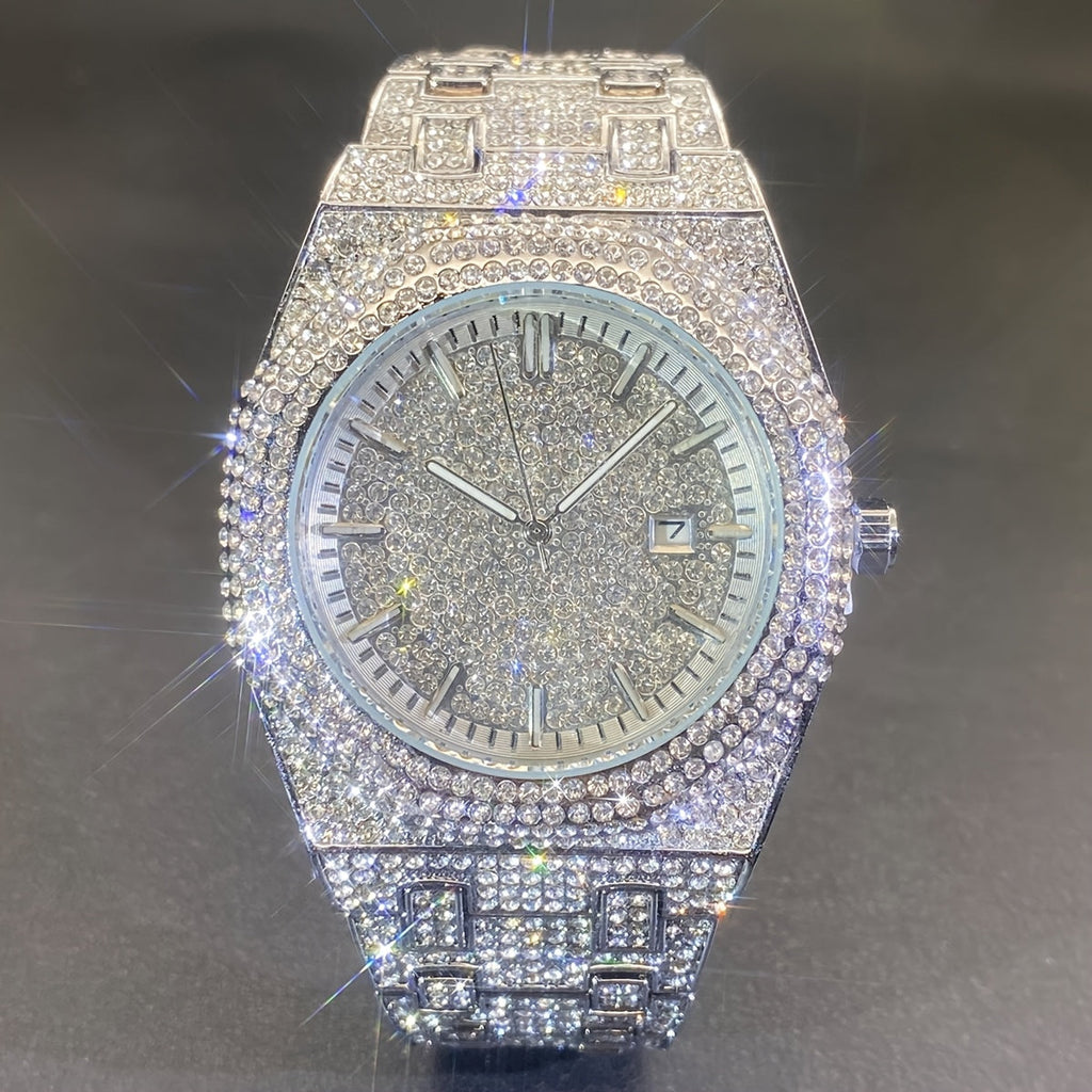 MISS FOX Glam Quartz Watch – Hip Hop Cuban Link, Rhinestone Accents, Luminous Calendar, Alloy Band, Unisex Luxury Fashion Watch for Men & Women, Silver & Gold