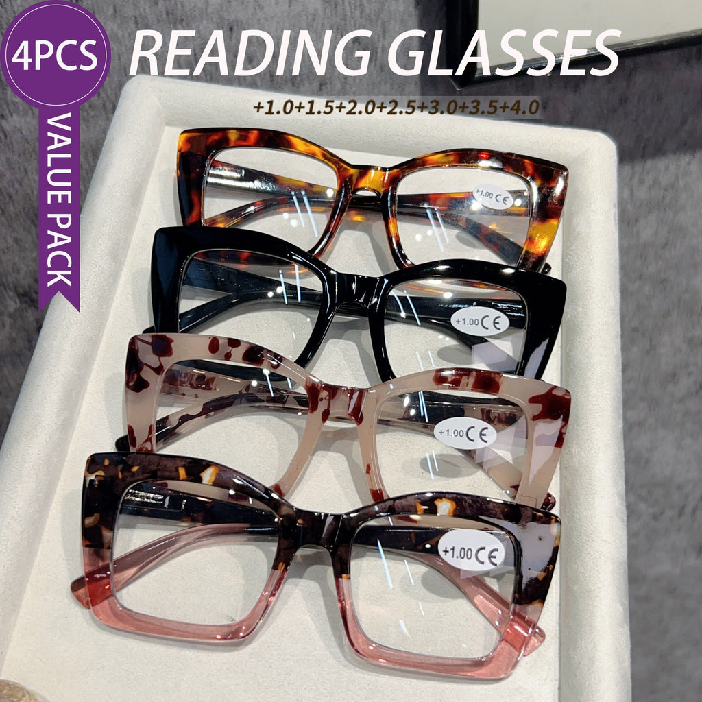 Photochromic Cat Eye Reading Glasses 4 Pairs Women Men – Multi Color Large Frame Spring Hinge Auto-Tint Readers +100 to +400 UV Protection Trendy European Style Holiday Gift Set
