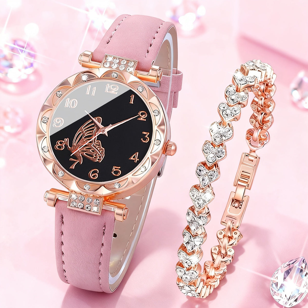 Rhinestone Heart Watch Set for Women – 2 Quartz Watches with Faux Leather Strap, Rose Gold & Pink Bracelet Wristwatch Gift Set for Valentine's Day, Birthdays & Parties
