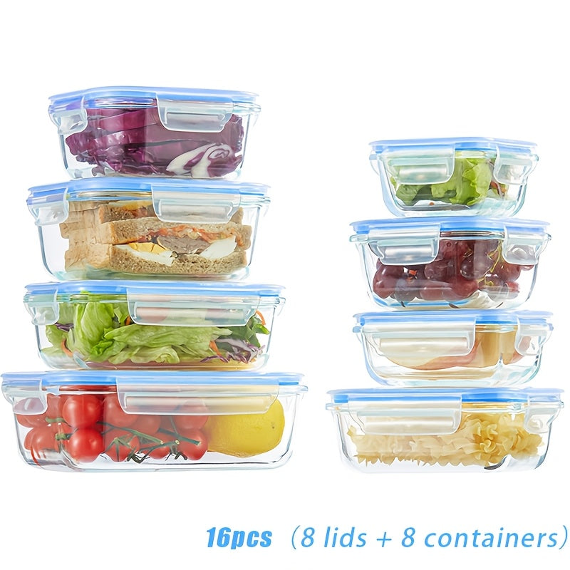 Borosilicate Glass Food Storage Containers 16-Piece Set 8 Sizes – Leak-Proof Lids, Oven Safe to 752°F, Microwave Dishwasher Freezer Safe, Stackable Meal Prep Containers for Leftovers & Lunch