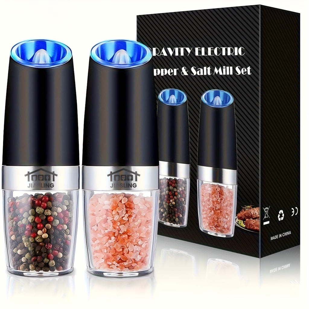 Electric Salt and Pepper Grinder Set 2 Pack Gravity Powered – Battery Operated LED Light, One-Handed Auto Mill, Adjustable Coarseness, Black Kitchen Gift