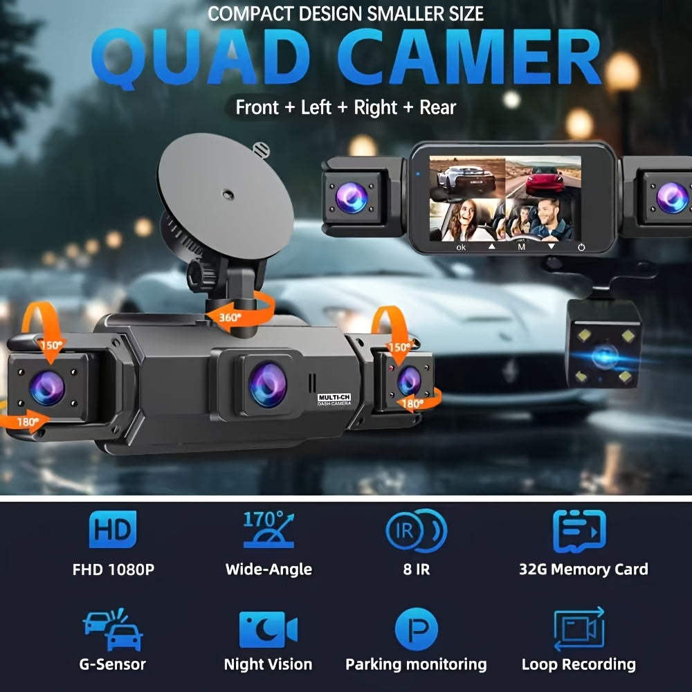 360 Dash Cam 3 4 Channel 1080P HD Full Coverage Night Vision WDR G-Sensor Loop Recording 24/7 Parking Monitor WiFi Multi-Lens Car Camera System Zero Blind Spots Front Rear Side Interior