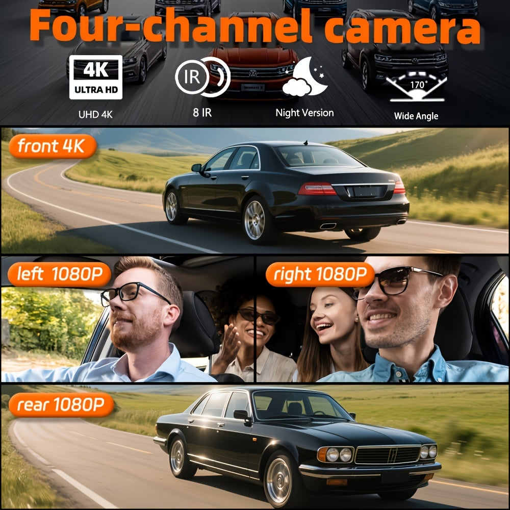 4K Dash Cam 360° Rotary 4-Channel Car DVR with Free 32GB SD Card Night Vision 24H Loop Recording Parking Monitor Front 4K Rear Left Right 1080P Cameras Rearview Camera for All Vehicles