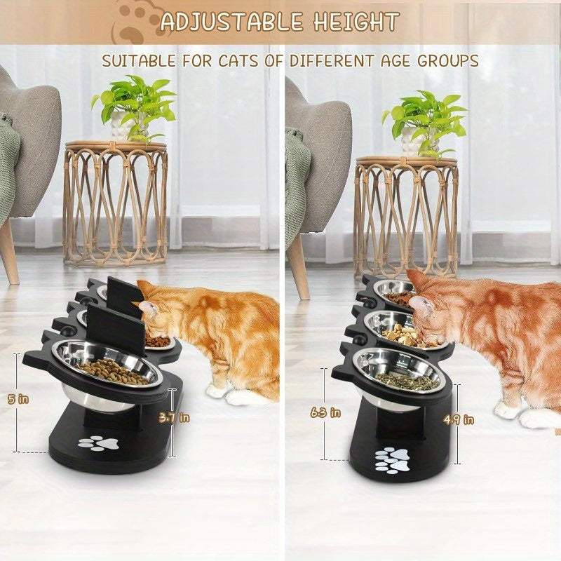 Elevated Cat Bowl Stand 15 Degree Tilted Stainless Steel Bowls Raised Feeder Cats Small Dogs Anti-Spill Black Wooden Base Set of 2 or 3 Bowls Food Water Ergonomic Posture