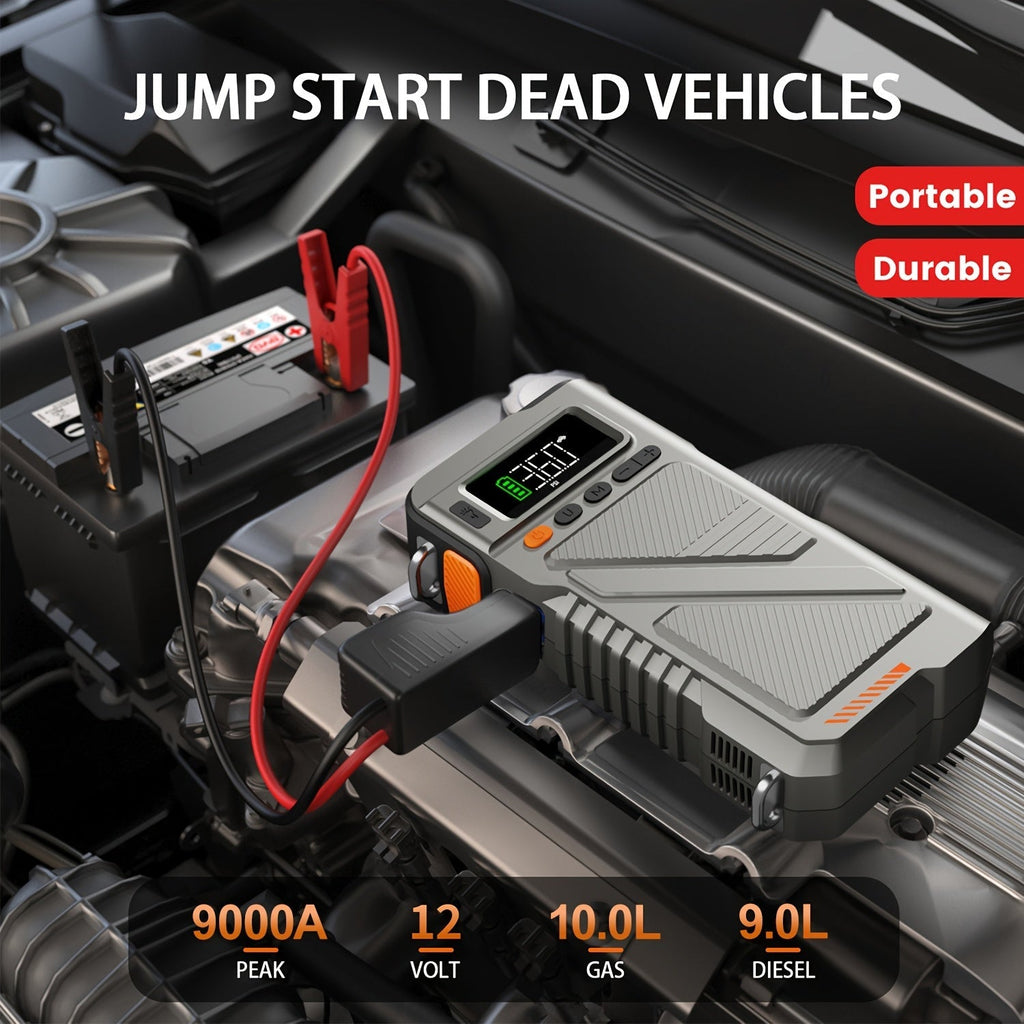 6000A/9000A Portable Jump Starter with 150 PSI Air Compressor – 7-in-1 Jump Box with Digital Tire Inflator & Battery Pack for Gas (10L) & Diesel (9.0L) Engines, Car Jumper Starter with USB Ports