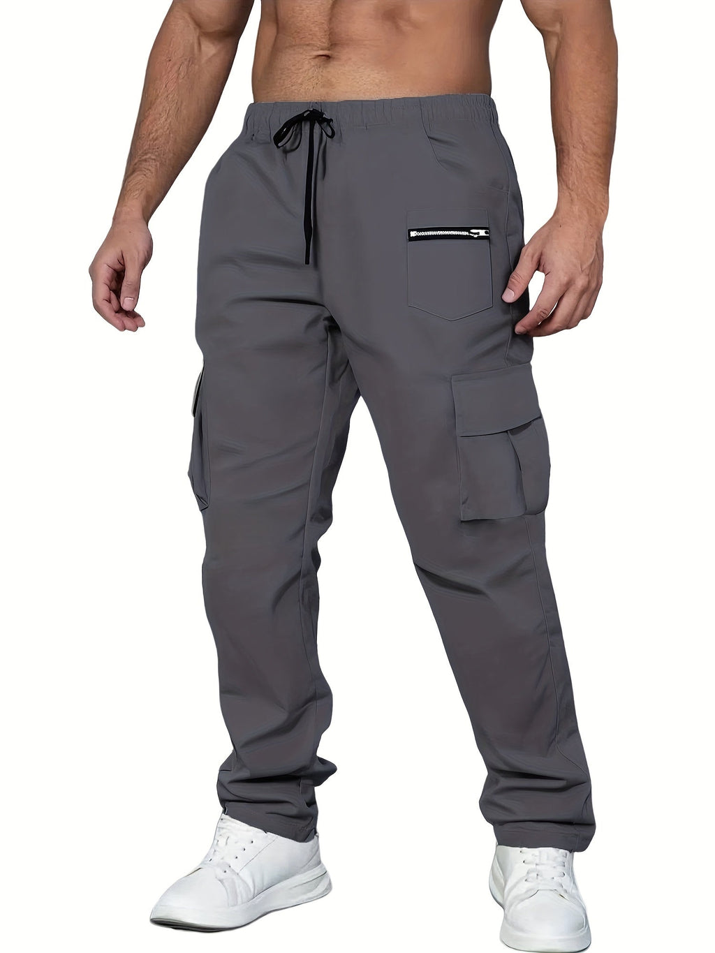 Men's Cargo Pants 2-Pack Multi-Pocket Elastic Waist Drawstring Hiking Trousers Breathable Loose Straight Fit All Season Black Khaki Dark Grey Sizes S-XXL