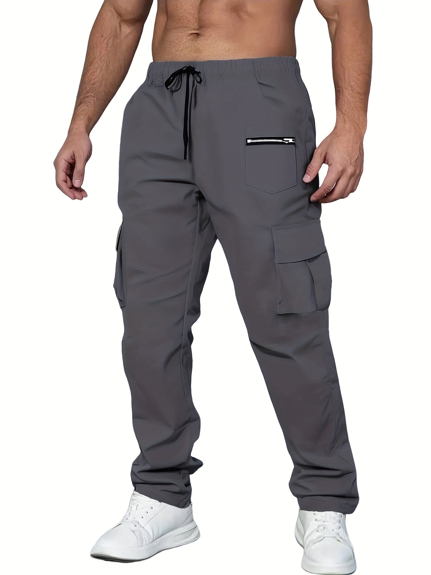 Men's Cargo Pants 2-Pack Multi-Pocket Elastic Waist Drawstring Hiking Trousers Breathable Loose Straight Fit All Season Black Khaki Dark Grey Sizes S-XXL
