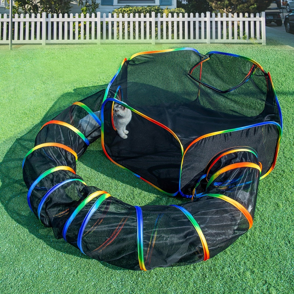 Rainbow Cat Playpen Outdoor Cat Enclosure with Circle Tunnel Portable Pop-Up Tent Foldable Cat Playground for Cats Kittens Rabbits Small Animals Indoor Outdoor Safe Exercise Space