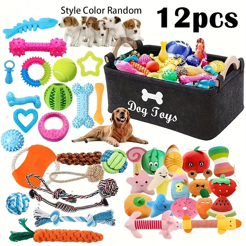 Interactive Dog Toy Set 6 & 12 Pcs Squeaky Knot Fabric Chew Toys with Cartoon Patterns – Teeth Cleaning Training Play Set for All Breed Sizes, Squeakers Knot Toys & Balls, No Battery Needed