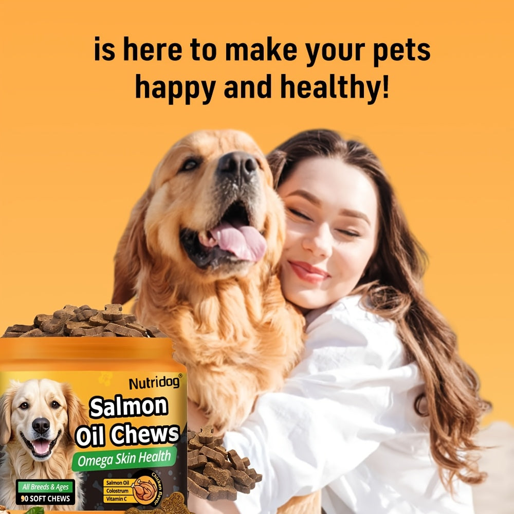 Dog Supplement Soft Chews 90 Count Probiotics Salmon Oil Chicken Flavor Supports Coat Gut Health Immunity All Ages Puppies Seniors 225g