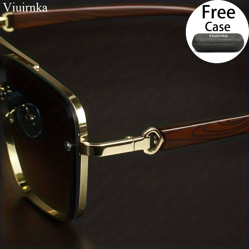 Square Fashion Glasses with Wood Grain Temples for Men Women – Double Beam Retro Design Gradient Lens Sunglasses Unisex for Driving Travel Street Photography Gift with Case