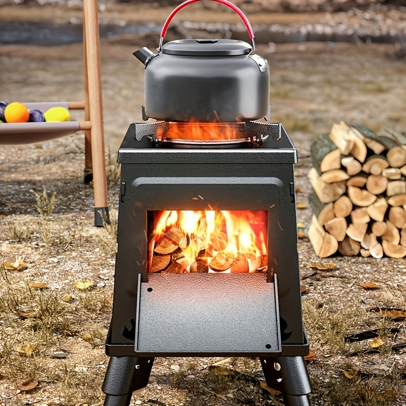 Heavy-Duty Wood Burning Camp Stove with Sturdy Legs & Air Vents – Portable Outdoor Campfire Stove for Hiking, Backpacking, Picnic & BBQ, Firewood Compatible, No Electricity Needed, Black or Boiler Set