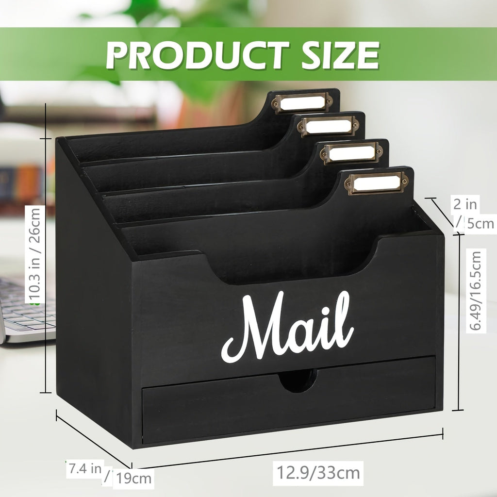 Large Solid Wood Desktop Mail Organizer with Drawer and 4 Compartments Labelable Dividers for Files Letters Paper Folders Desk Organizer for Home Office Students and Professionals