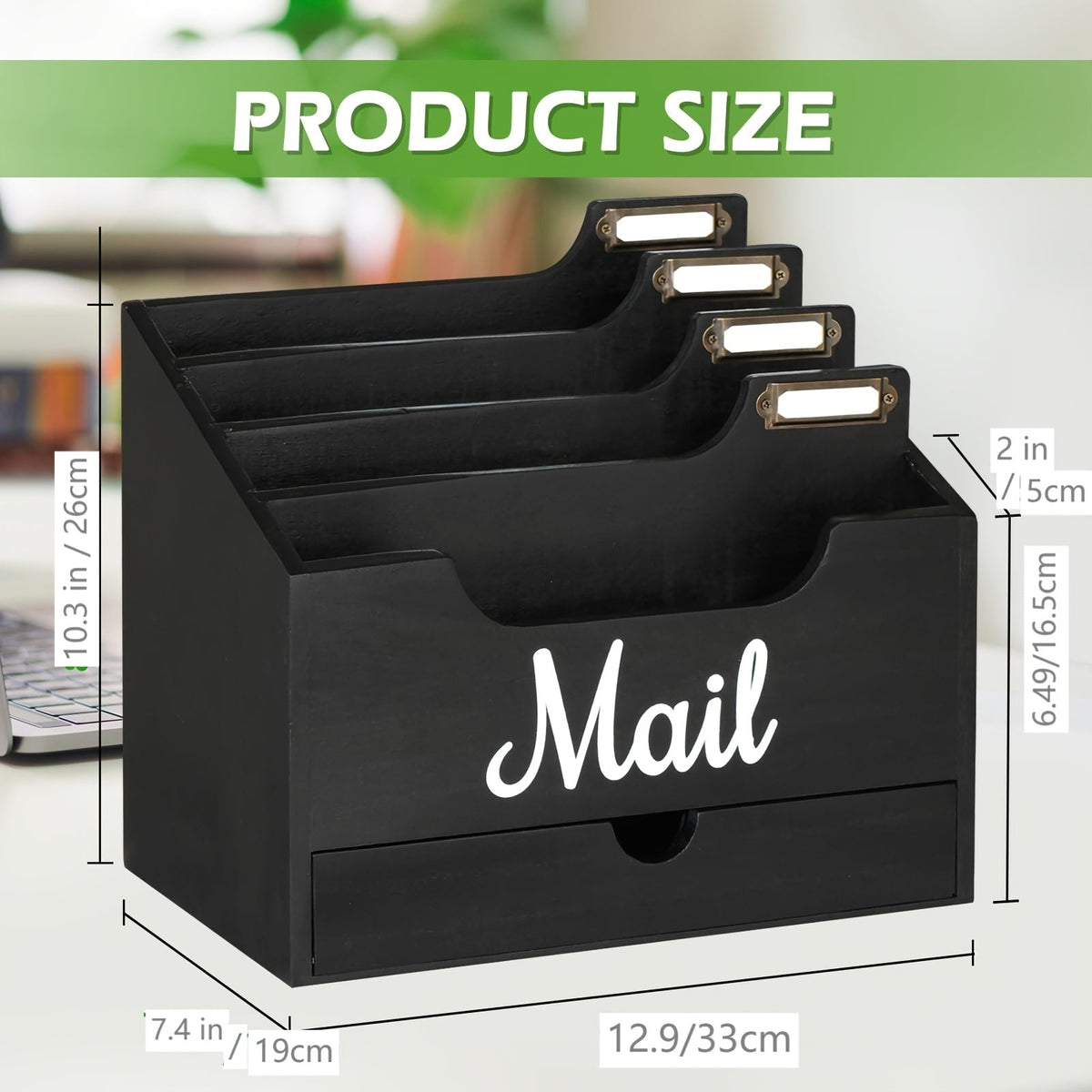 Large Solid Wood Desktop Mail Organizer with Drawer and 4 Compartments Labelable Dividers for Files Letters Paper Folders Desk Organizer for Home Office Students and Professionals