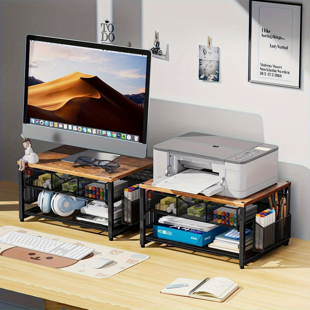 Metal Printer Stand with Storage Drawer & 2 Pen Holders – 2-Tier Desktop Organizer for Home Office, Printer Table for Scanner Fax Machine Files, Wood & Wood Black Finish