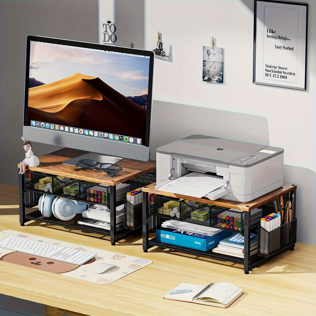 Metal Printer Stand with Storage Drawer & 2 Pen Holders – 2-Tier Desktop Organizer for Home Office, Printer Table for Scanner Fax Machine Files, Wood & Wood Black Finish