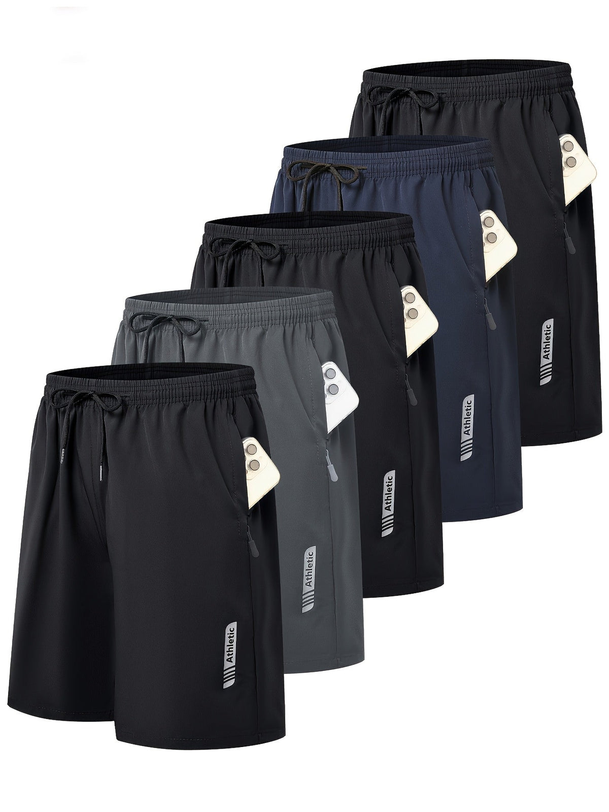 Men's Athletic Shorts 5-Pack Quick-Dry with Side Zip Pocket – 95% Polyester Stretch Waistband Gym Workout Basketball Running Hiking Activewear, Sizes S–XXL Mix Colors