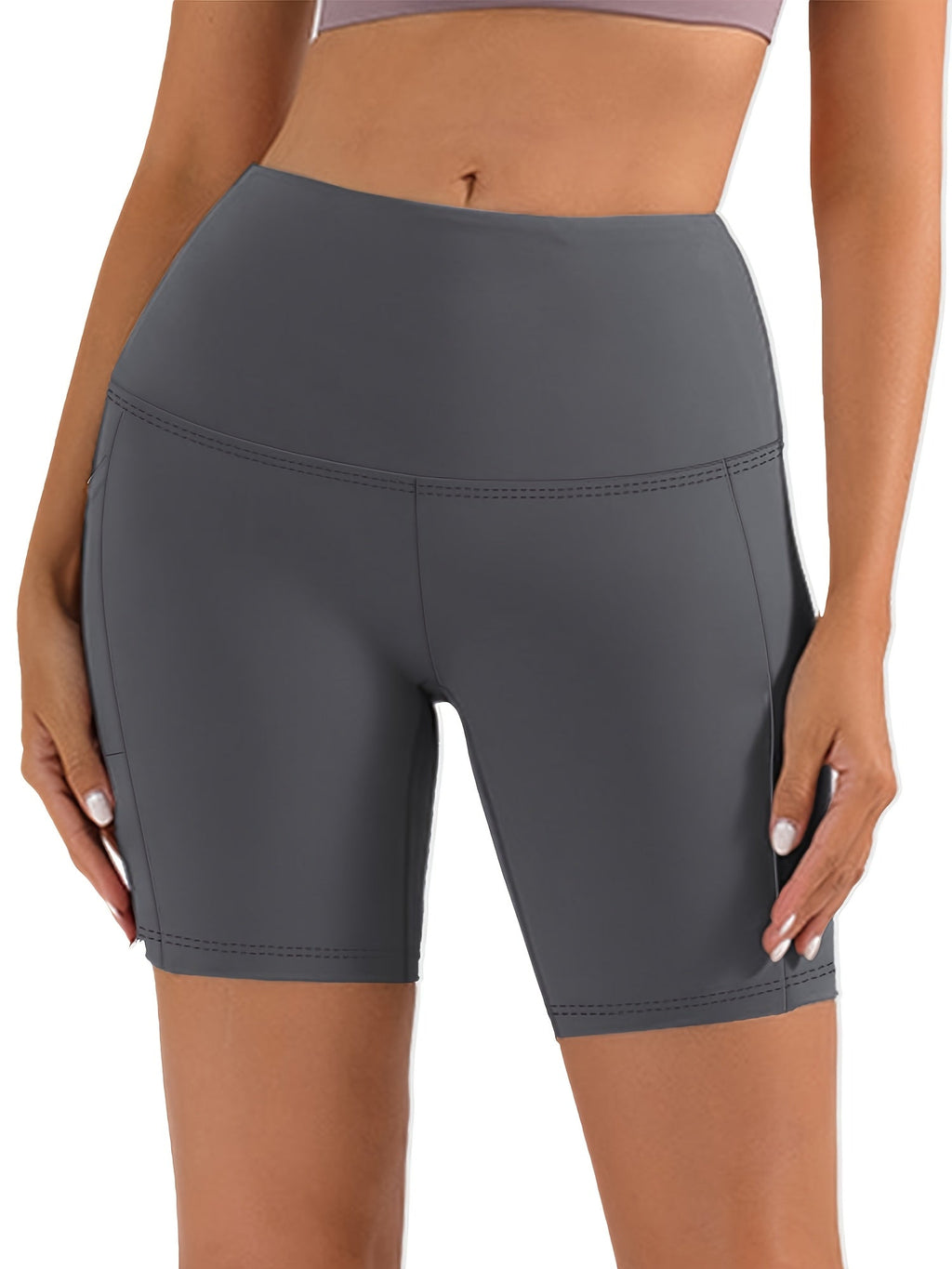 Women's High Waist Yoga Shorts – 4-Way Stretch Sweat-Wicking Athletic Shorts with Elastic Waistband & Side Pockets for Running, Cycling & Training – Black, Dark Gray & Navy, Sizes S-XXL