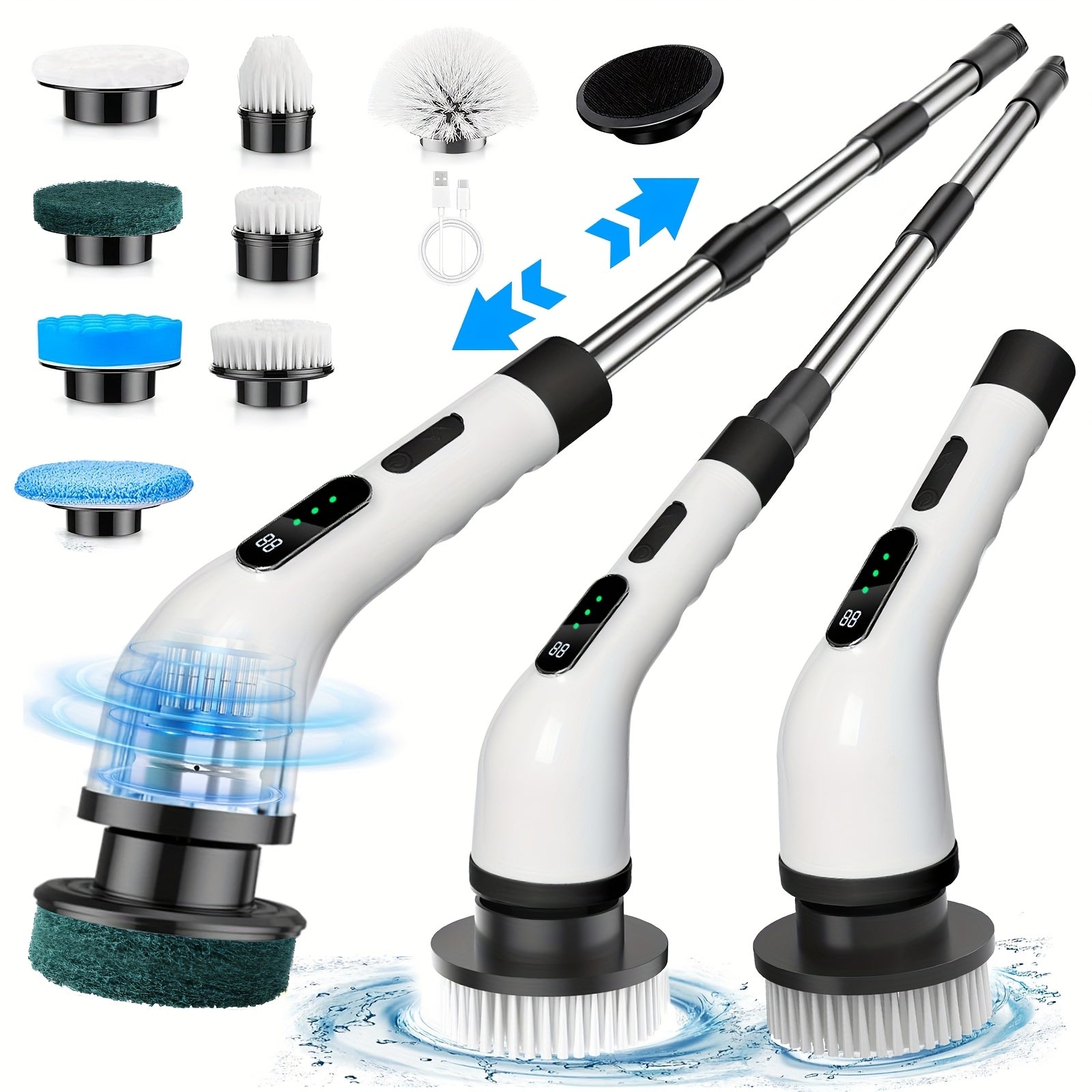 Electric Spin Scrubber Cordless with 7 Replaceable Brush Heads – Dual Adjustable Speeds Adjustable Detachable Handle for Bathroom Tub Tile Grout Floor Shower Kitchen Cleaning, White & Black