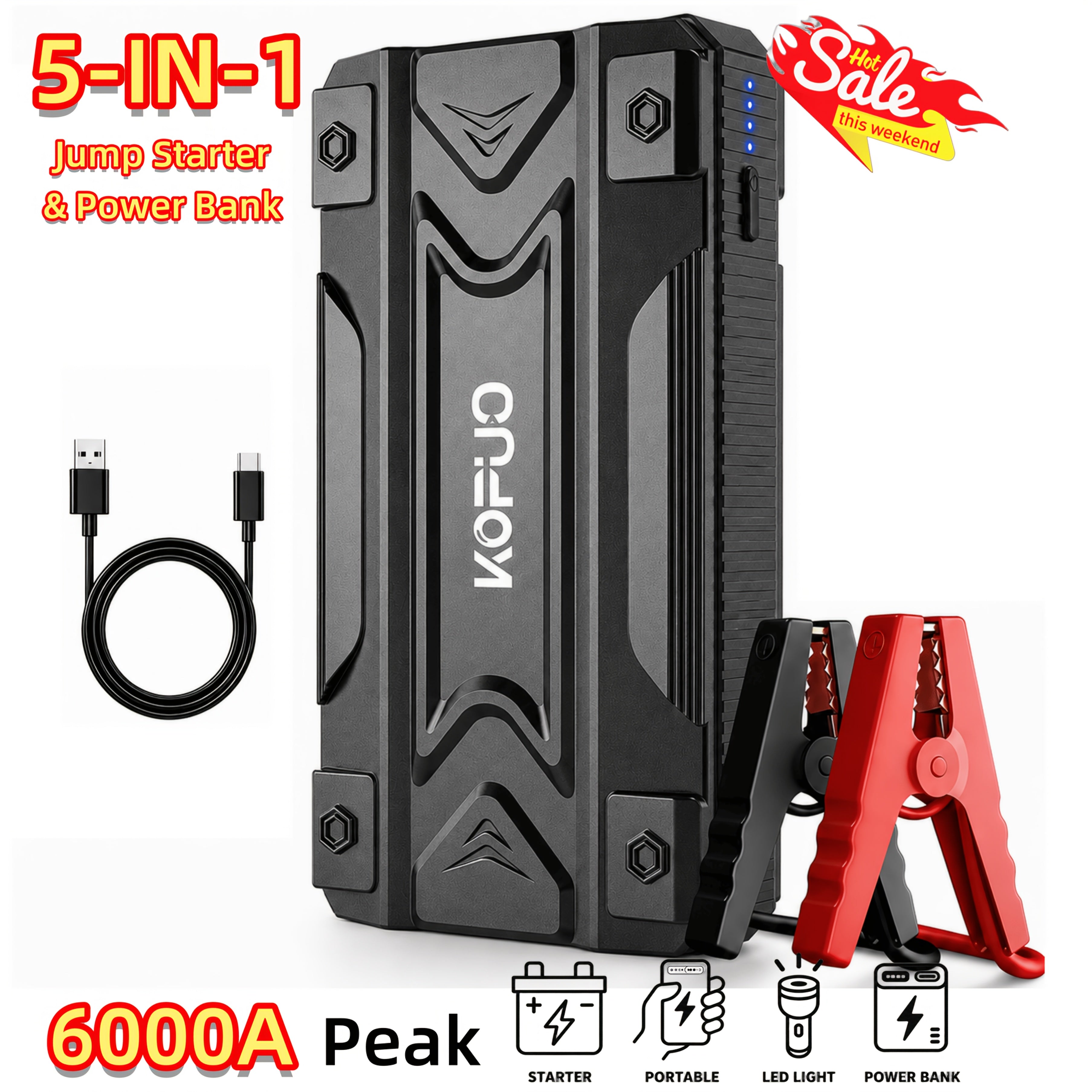 Portable Car Jump Starter with Air Compressor 20000A Peak 7 in 1 Battery Booster Pack 150PSI Tire Inflator Power Bank LED Light LCD Display Safety Hammer 12V Emergency Roadside Kit Car SUV Truck