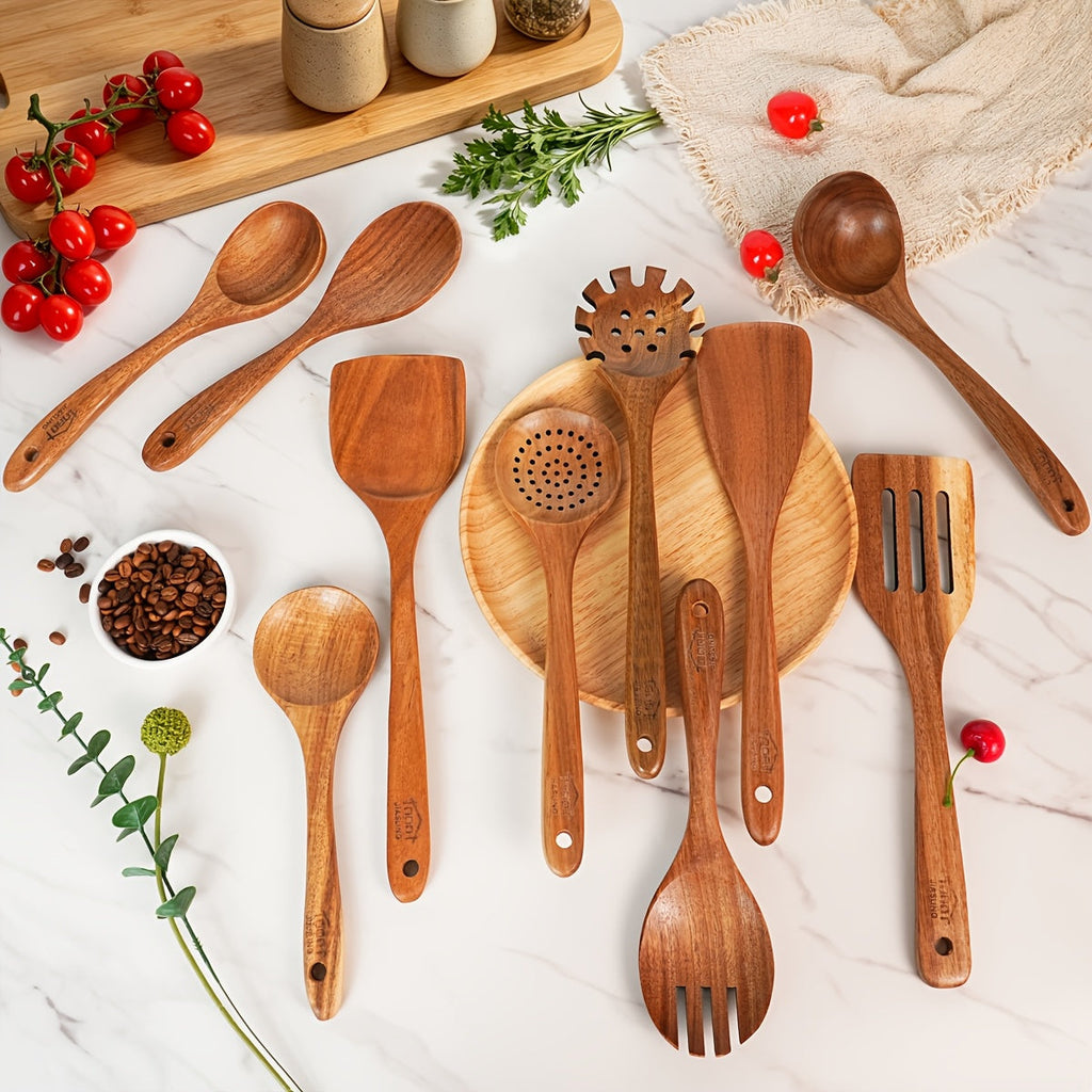 10-Piece Natural Teak Wooden Kitchen Utensils Set - Cooking Spoons, Spatulas & Shovel, Non-Stick Safe, Heat Resistant, Eco-Friendly Wood Cookware Tools for Home Kitchen
