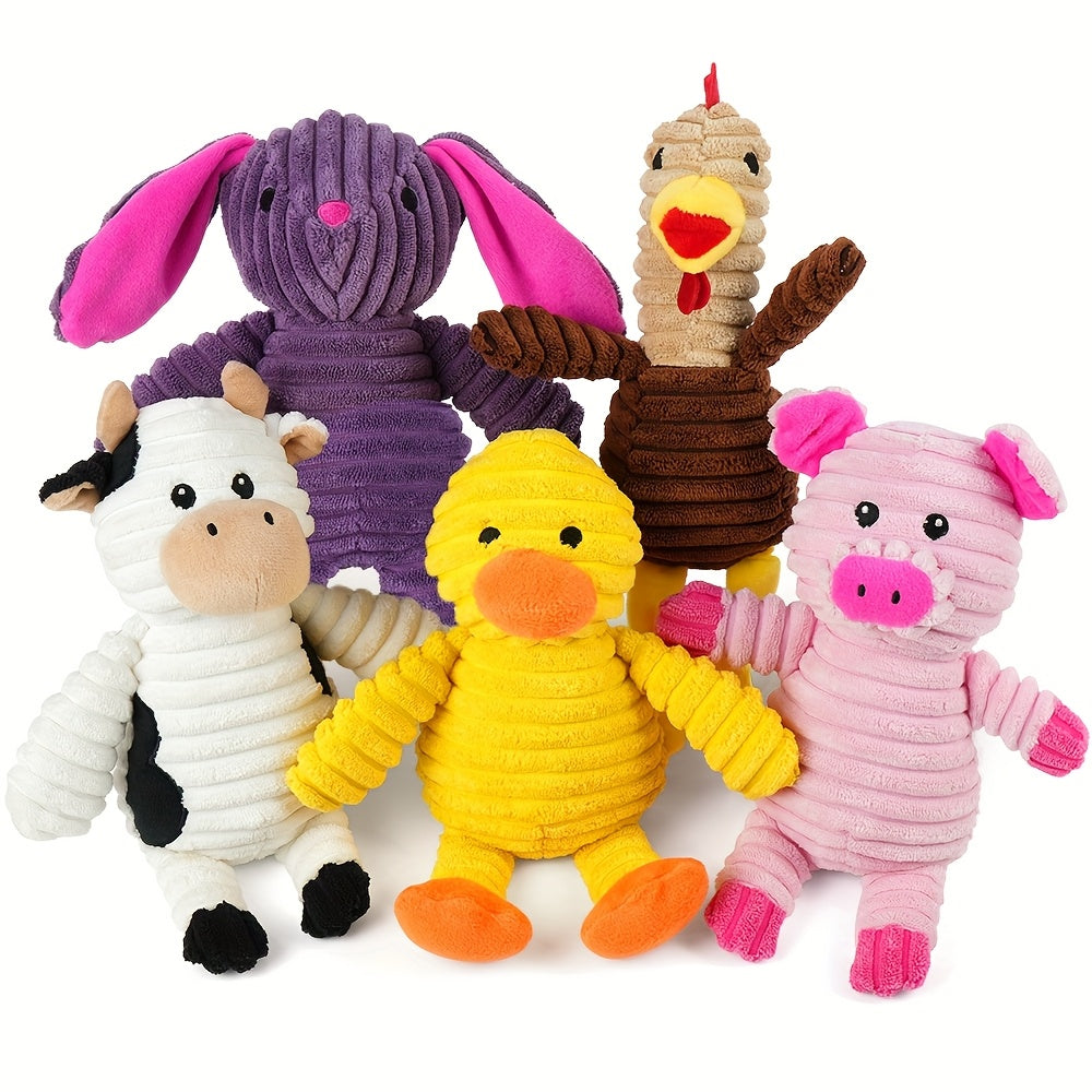 Plush Dog Squeaky Toys 5-Pack Bundle Washable Stuffed Animal Chew Toys for Small Medium Large Dogs – Embroidered Safety Eyes, Pig Frog Elephant Chicken Fox Designs