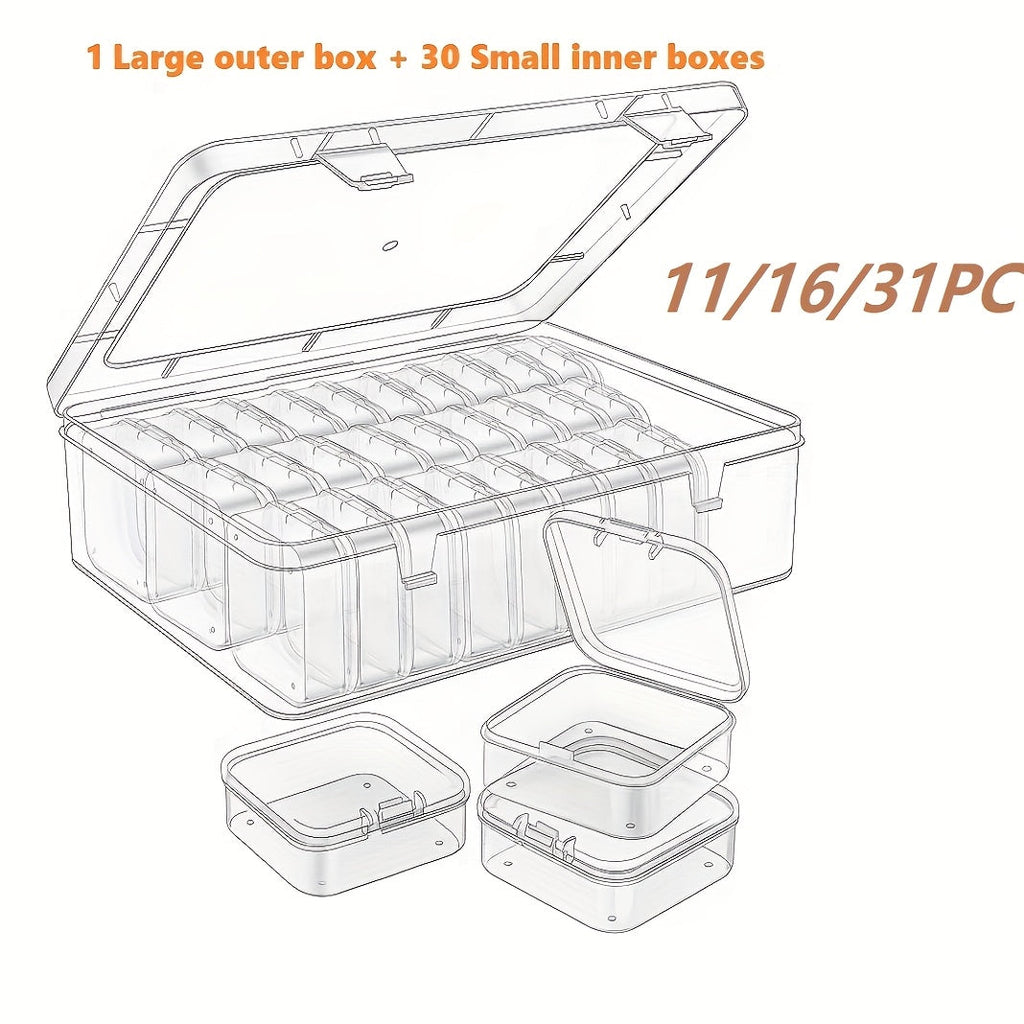 Clear Bead Organizer Box Set with Hinged Lid – Mini Plastic Storage Containers for Jewelry Making, Bracelet Crafting & Nail Art, Available in 11, 16 & 31 Piece Sets, Rectangle Compartment Cases