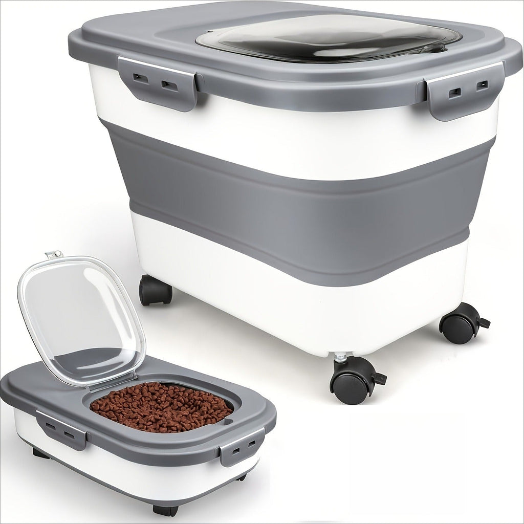 Foldable Pet Food Storage Container with Airtight Lid & Wheels – Large Capacity Moisture-Proof Dog Cat Food Bin 5–30 LBS, Collapsible Storage for Pet Food, Grains & Flour, Gray Green Pink
