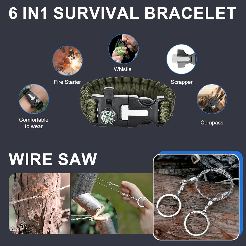 Men's Survival Kit 12 to 115 Piece Emergency Gear Set with Flint Fire Starter Multi-Tool for Camping Hiking Hunting Fishing Outdoor Adventure Gift for Dad Husband