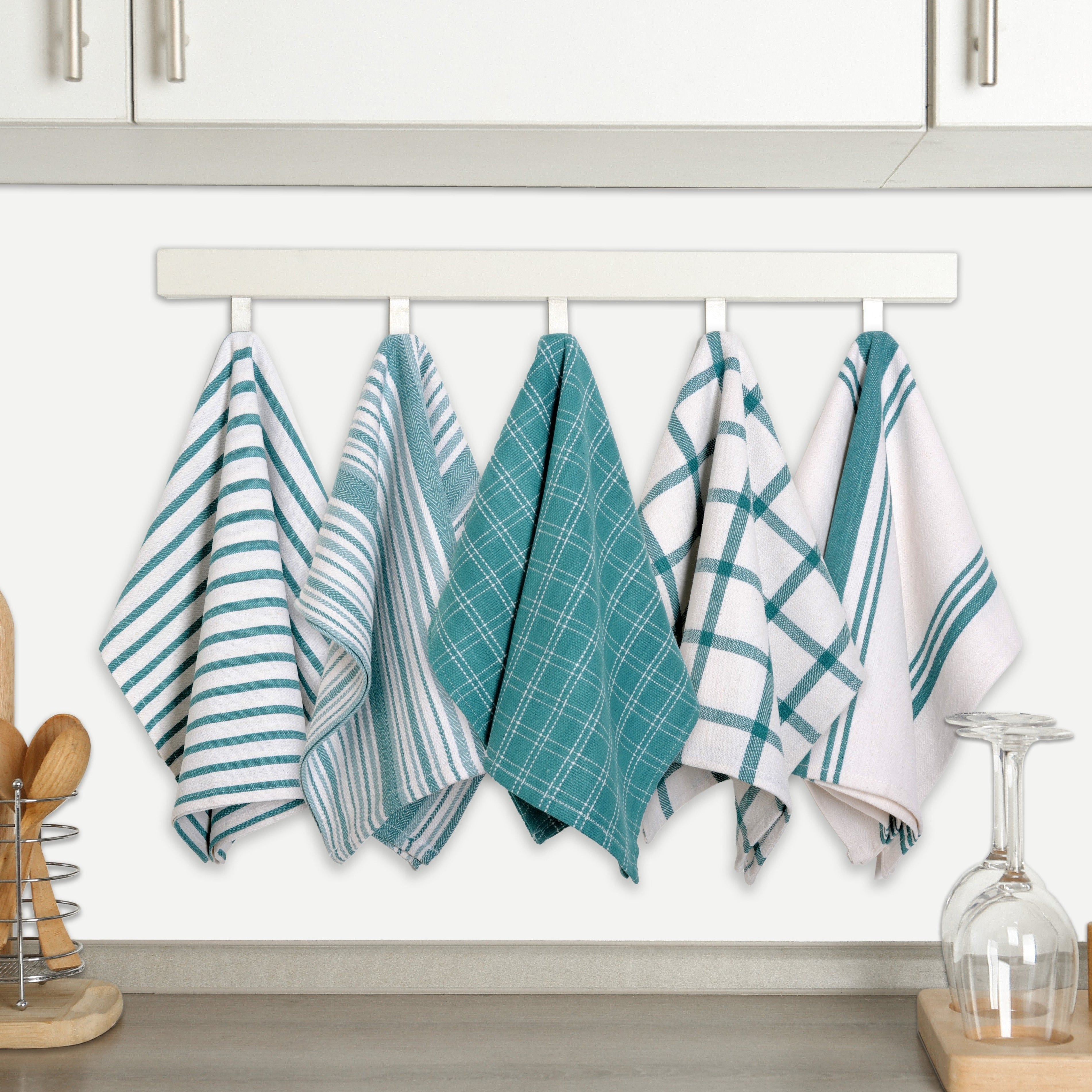 Cotton Kitchen Towels 10 Pack Flat Weave – 100% Cotton Absorbent Quick-Dry Dish Towels for Cooking Cleaning Drying, Lint-Free Reusable Cloth Towels Blue Sage Teal Black Olive Gray Yellow Red Beige