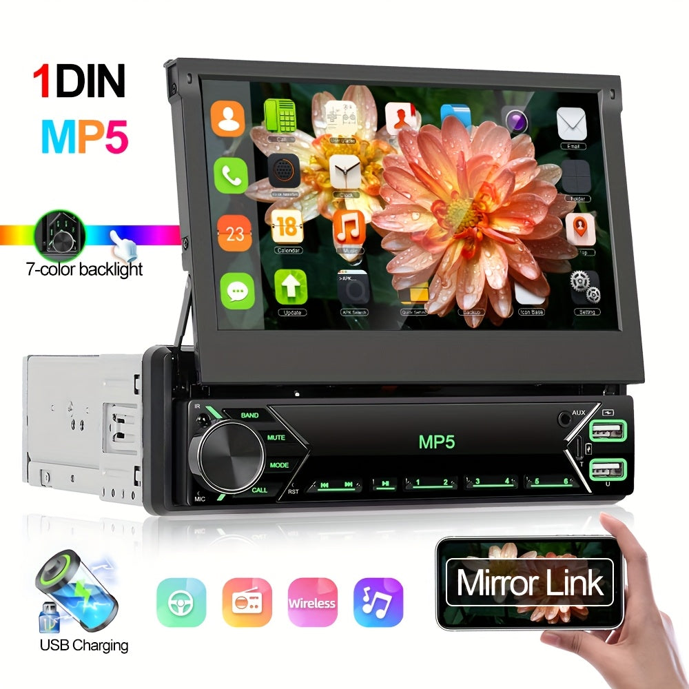 Single DIN Car Stereo 7 Inch HD Retractable IPS Touchscreen MP5 Player Bluetooth Mirror Link FM Radio USB AUX 45Wx4 TDA7388 Amplifier Colorful Backlight Universal 1 DIN Head Unit | Nova Mart