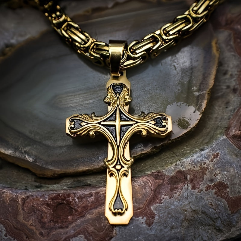 304 Stainless Steel Cuban Chain Necklace & Bracelet Set for Men – Religious Cross Pendant, Tarnish-Resistant Hip Hop Jewelry, Silver Tone, Daily Wear & Gift