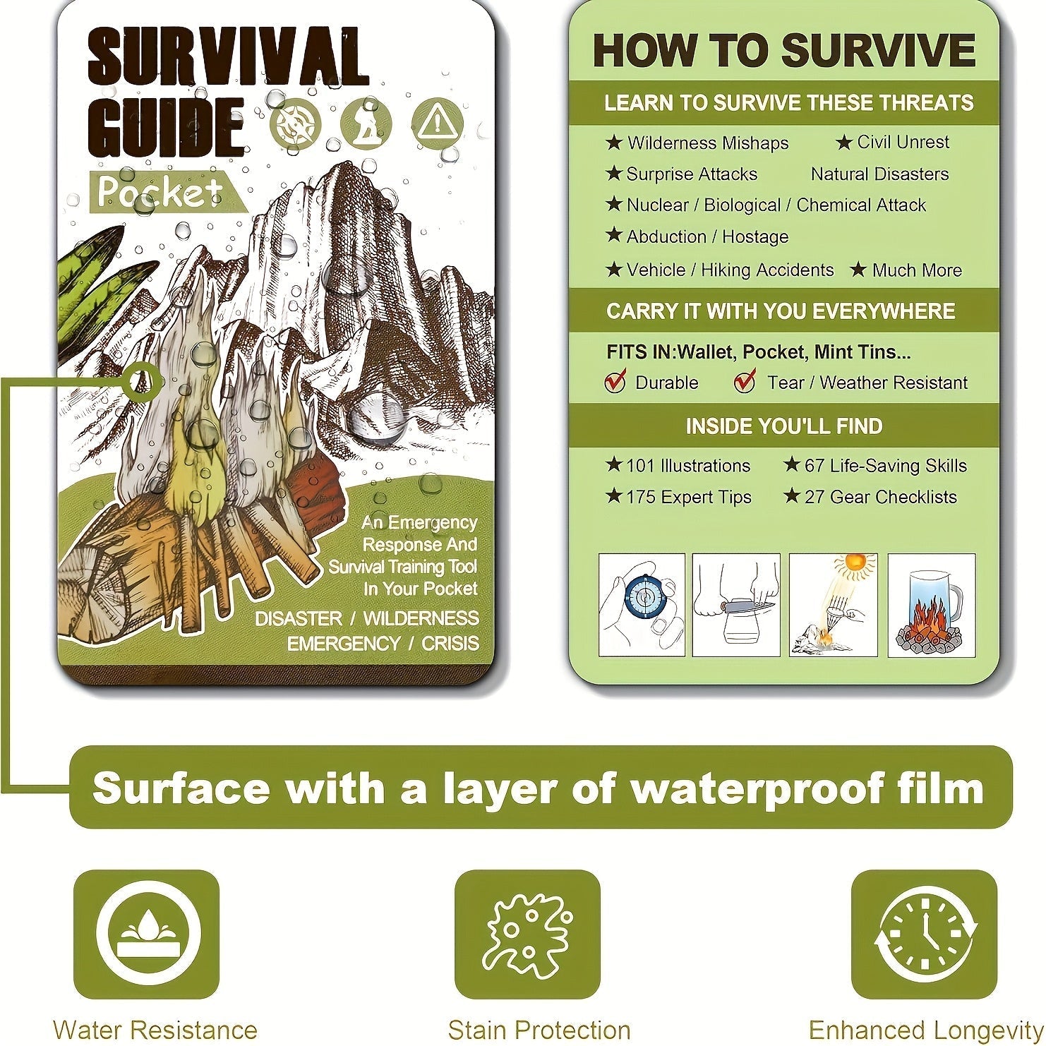 Pocket Survival Guide EDC Kit Credit Card Size 67 Survival Skills 175 Expert Tips Waterproof Cover for Field Emergency First Aid Disaster Preparedness Camping Hiking – Includes Magnifying Tool