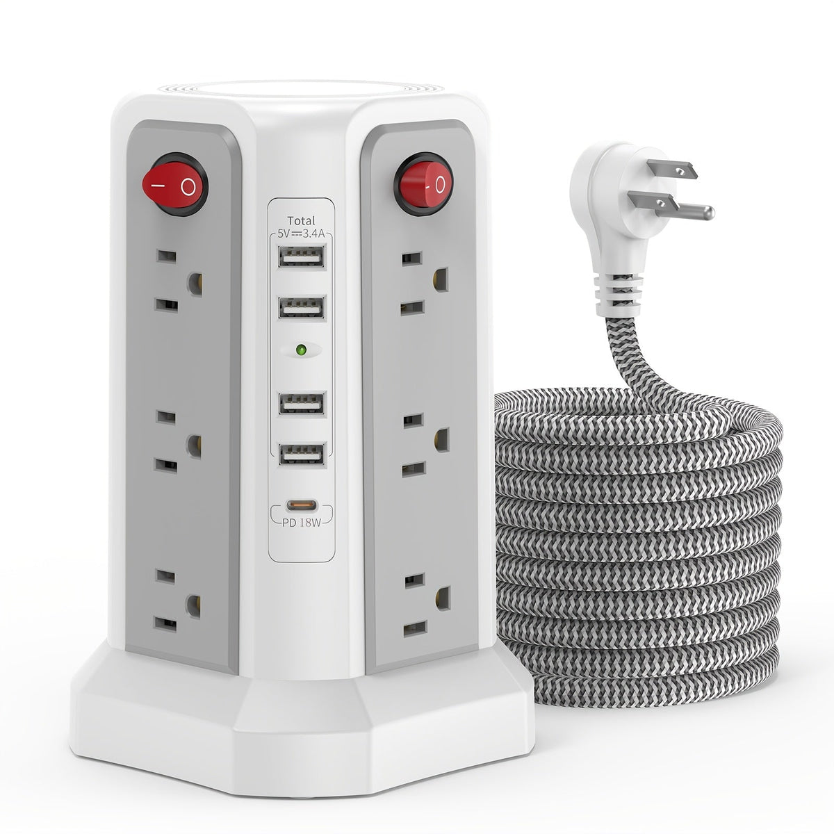 Power Strip Tower 16 AC Outlets 5 USB Ports USB-C PD20W Fast Charging 1500J Surge Protector Flat Plug Desktop Extension Cord for Home Office Dorm Room Workstation 10 Style Options