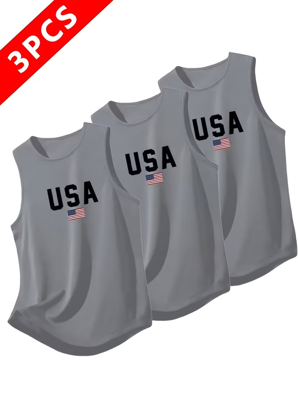Men's Quick-Dry Moisture-Wicking Sleeveless Tank Tops 3-Pack USA Letter Print Breathable Athletic Vest for Gym, Running & Training - Black, White, Gray