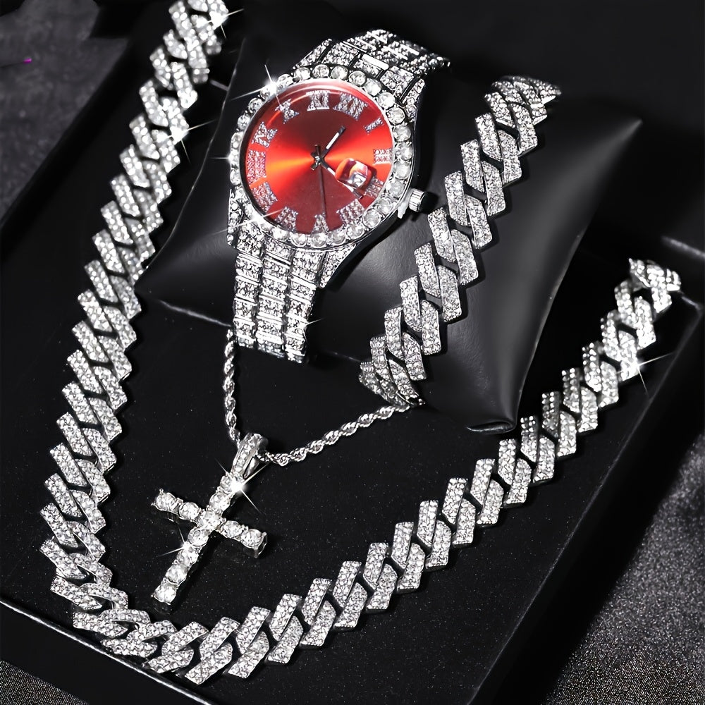 Luxury Cuban Link Jewelry Set for Men & Women – 4-Piece Necklace Bracelet Pendant Wristwatch Full Set 12 Color Options Silver Gold Pink Green Blue Hip Hop Bling Valentine's Day Christmas Gift