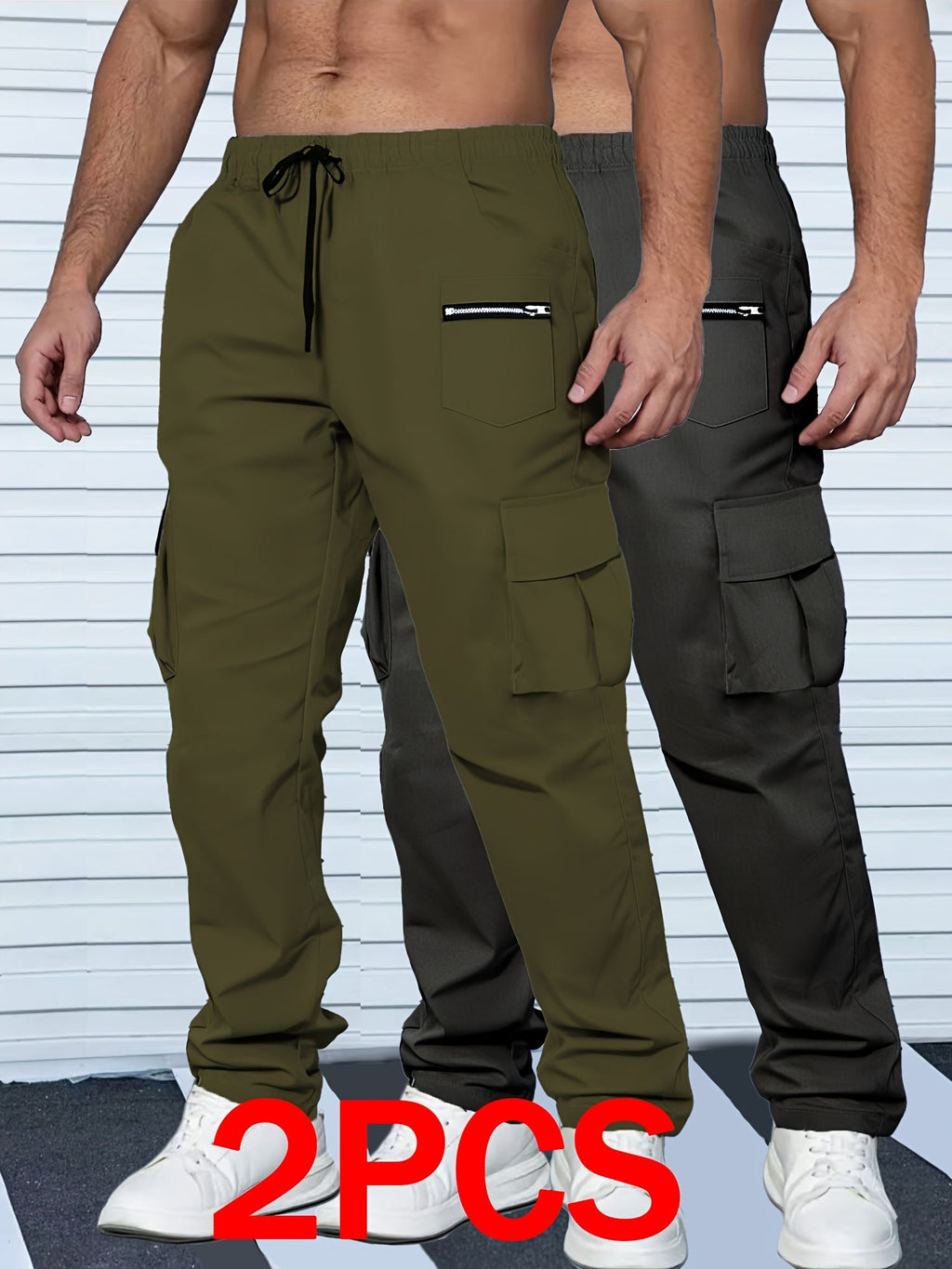 Men's Cargo Pants 2-Pack Multi-Pocket Elastic Waist Drawstring Hiking Trousers Breathable Loose Straight Fit All Season Black Khaki Dark Grey Sizes S-XXL