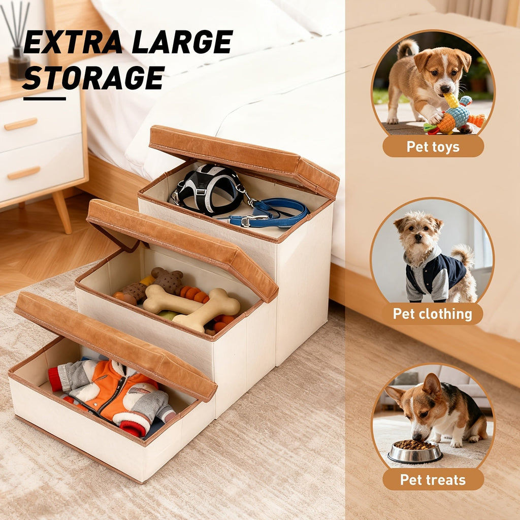 3-Tier Foldable Dog Stairs for Small Dogs Non-Slip Nylon Pet Ramp for High Beds Sofas Compact Foldable Brown White Includes Bonus Plush Toy